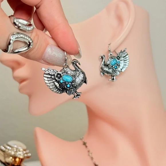 Silver and Turquoise Peacock Earrings - Picture 4 of 8